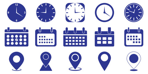 Time, date and address icon set. Travel concept or booking. Calendar, clock, location. Editable vector. Time and Location Symbols for Various Purposes. Event vector icons illustrations. eps 10
