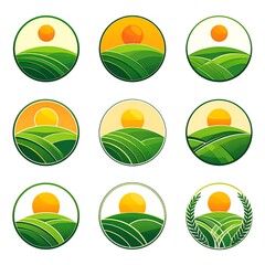Circular Farm Logos with Sun and Green Fields.