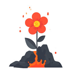 Volcanic Flower Erupting From Rocky Terrain with Lava Flow in Cartoon Style
