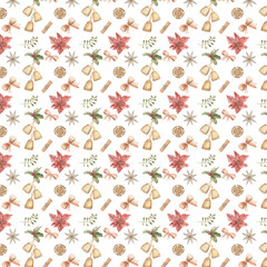 Festive seamless pattern with golden bells, poinsettias, bows, stars, and holly leaves in warm pastel tones on a white background.