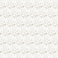 Cute seamless pattern with mugs, candy canes, gingerbread men, and stars in soft beige line art for cozy Christmas designs.