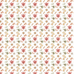 Seamless festive pattern featuring poinsettias, bells, ribbons, stars, and pine branches on a light background.