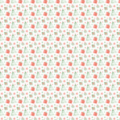 Seamless Christmas pattern with watercolor trees, stars, and gift boxes in soft red and green tones.