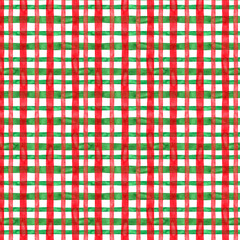 Watercolor plaid pattern in red, green, and white creating a festive, seamless Christmas textile design.