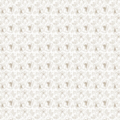 Elegant seamless pattern with gift boxes, holly leaves, and berries in minimalist gold line art on white background.