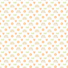 Cute seamless pattern with pastel rainbows, hearts, flowers, and clouds in soft peach and green tones on a white background.