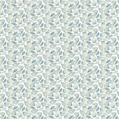 Elegant seamless pattern of hand-drawn seashells and leaves in soft blue and beige tones on a white background.