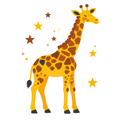 Cartoon Style Giraffe with Brown Spots and Yellow Body Standing Among Stars Isolated on White Background