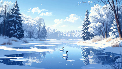 Frozen lake with swans and snow-covered trees on a winter day. Serene snowy landscape with swans gliding across frozen water. Peaceful winter scene with swans on a frozen lake