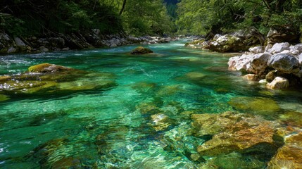 Obraz premium Crystal Clear River Flowing Through Lush Green Forest Surrounded by Colorful Rocks and Reflection of Trees in Serene Natural Environment