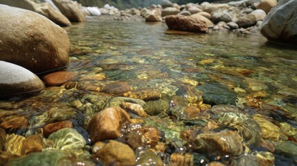 Crystal Clear Riverbed with Colorful Stones and Gentle Ripples in a Natural Setting Showcases the Tranquil Beauty of Nature's Waterways and Landscapes