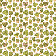 Seamless pattern of potted cacti and leafy topiary plants in soft greens, perfect for botanical and nature-inspired designs.