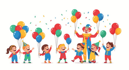 Fototapeta premium Cheerful Children Celebrating With Balloons And A Clown Personifying Pure Joy