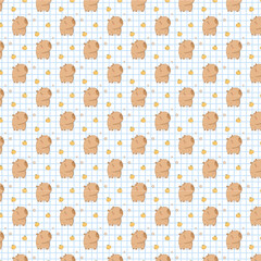 Cute capybara and yellow duck seamless pattern on a blue grid background, perfect for playful and cozy designs.