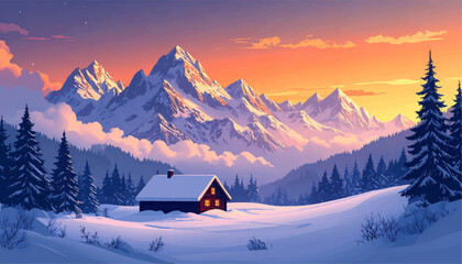 Fototapeta premium A winter paradise with snow-covered cabin and dramatic mountains. Snow-covered mountains with a cozy cabin glowing in the sunset. Peaceful mountain retreat with a cozy cabin and snowy landscape