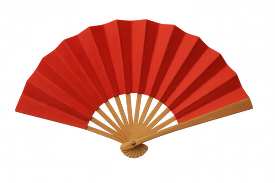 Red folding hand fan displaying traditional east asian design with wooden ribs, culture, and elegance concept