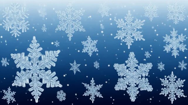 Detailed crystalline snowflakes against a gradiated blue backdrop with bokeh