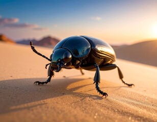 Large black insect stands on a sand dune, lit by warm sunset