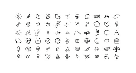 Set doodle random hand drawn black doodle elements collection on white background, sketch arrows, stars, flowers, symbols and scribbles for planner design, journalist, social media, creative projects.