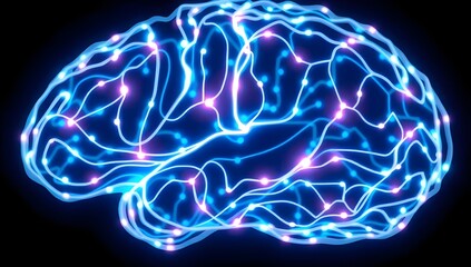 Glowing electric blue brain connected with neural digital energy network