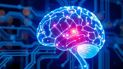 Futuristic AI brain illustration with bright electric neural connections