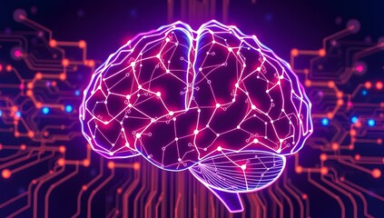 Glowing purple AI brain depicting advanced technological neural activity