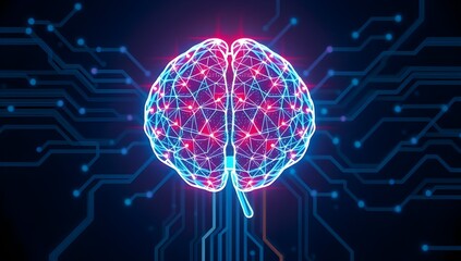 Bright pink digital brain glowing with futuristic neural technology