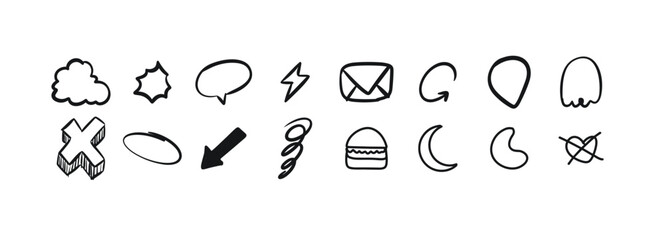 Collection of hand drawn black and white doodle icons featuring hearts stars smiley faces etc. Black and White Doodle Sheet with a Variety of Hand-Drawn Symbols. vector illustration.