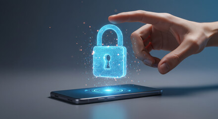 Digital Security Concept A hand interacting with a glowing padlock icon above a smartphone, visualizing crucial data protection, mobile privacy, and secure online interactions