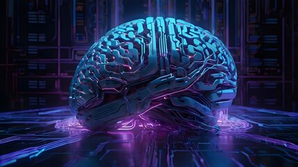 Cybernetic human brain illuminated by futuristic blue holographic lights