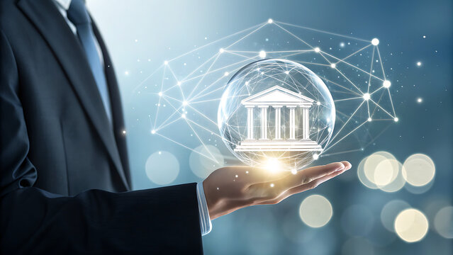 Man in suit holding a digital bank icon in his hand, representing modern banking, finance, and digital transformation in the financial sector