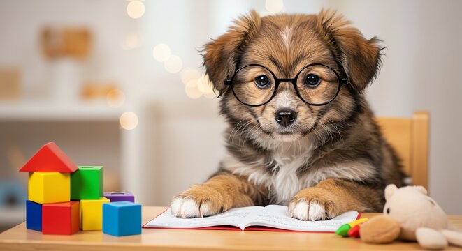 Dog wearing glasses studying book on table