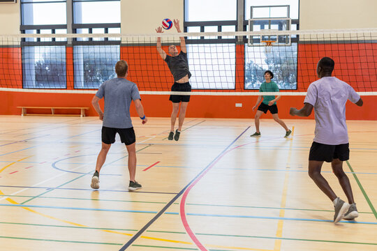 Diverse male partners in sportswear spiking volleyball over net at gym with backboard, court lines - Powered by Adobe