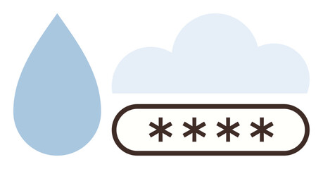 Blue water droplet, cloud, and a password field with asterisks representing secure cloud storage, cyber security, password protection, data privacy, encrypted storage, technology, and minimalist