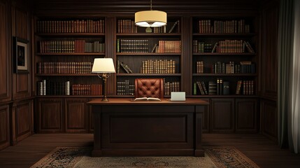 A cozy, dark wood office with a large desk, stylish lamp, and extensive bookshelves filled with books, exuding a classic and intellectual atmosphere.