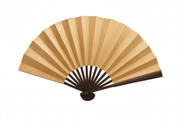 Traditional japanese folding hand fan with plain golden paper and dark wooden ribs on transparent alpha background