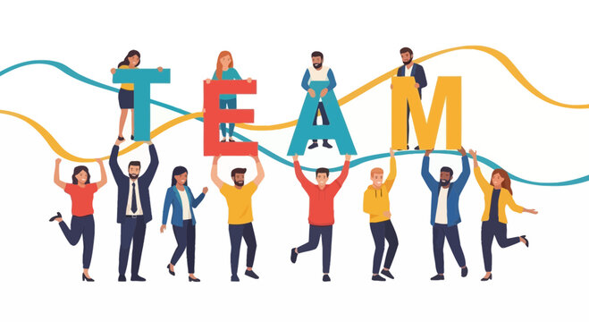Collaboration And Unity Demonstrated by Diverse Individuals Holding Team Letters Together