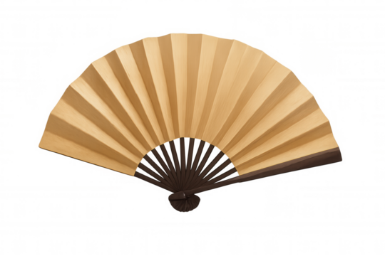 Traditional japanese folding hand fan with plain golden paper and dark wooden ribs on transparent alpha background