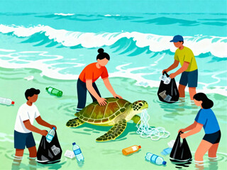 Group of Volunteers Cleaning Up Trash on the Beach with a Sea Turtle