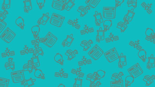 Scattered icons of calculators, lightbulbs, paintbrushes, and calendars on turquoise for business and creative concepts and designs. Suitable for marketing materials and web designs.