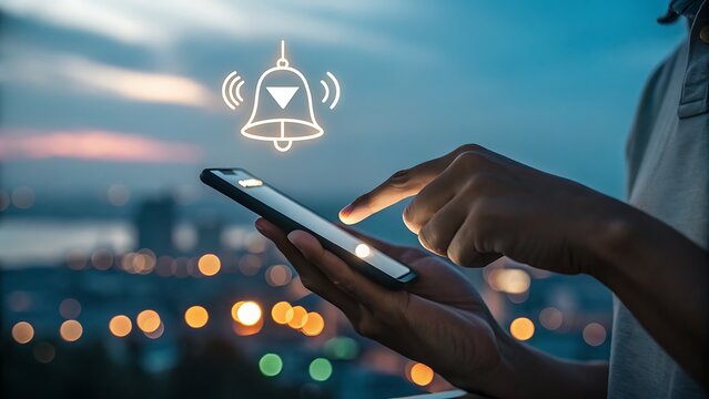 Person using smartphone with notification bell icon overlay, representing alerts, reminders, and digital communication in the modern world at night