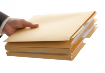 Hand holding manila folders isolated on a transparent background