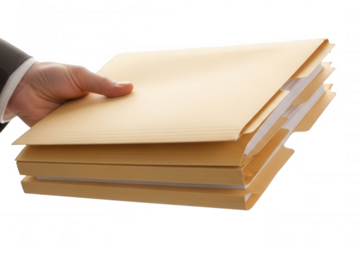 Hand holding manila folders isolated on a transparent background