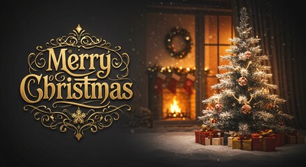 Cozy Christmas Scene Beautiful Tree Fireplace Gifts Holiday Decorations Winter Wonderland Background