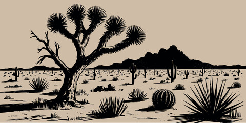 Desert Landscape A monochrome illustration depicting Joshua Trees, cacti, and the vast expanse of the arid landscape