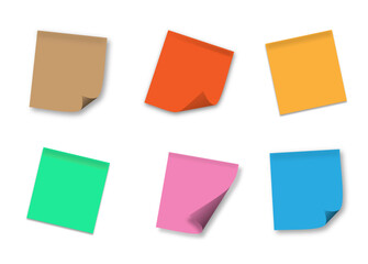 Set of 6 paper notes, notebook pages, sticky paper, post cards illustration. Set of realistic multicolor sticky papers with shadows. Collection of notebook pages on transparent background.