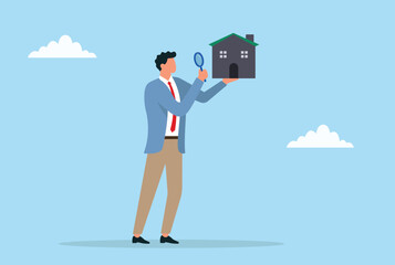 Vector illustration of a businessman inspecting a house with a magnifying glass, symbolizing property evaluation, real estate analysis, or home inspection before purchase
