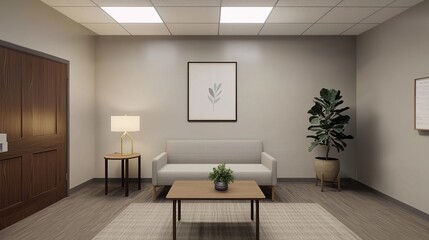 Fototapeta premium A modern, minimalist waiting room featuring a sofa, table, lamp, plant, and artwork, creating a calm and inviting atmosphere.