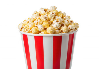 Red striped bucket overflowing with popcorn isolated on a transparent background