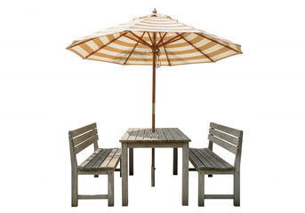 Wooden table benches umbrella isolated on a transparent background